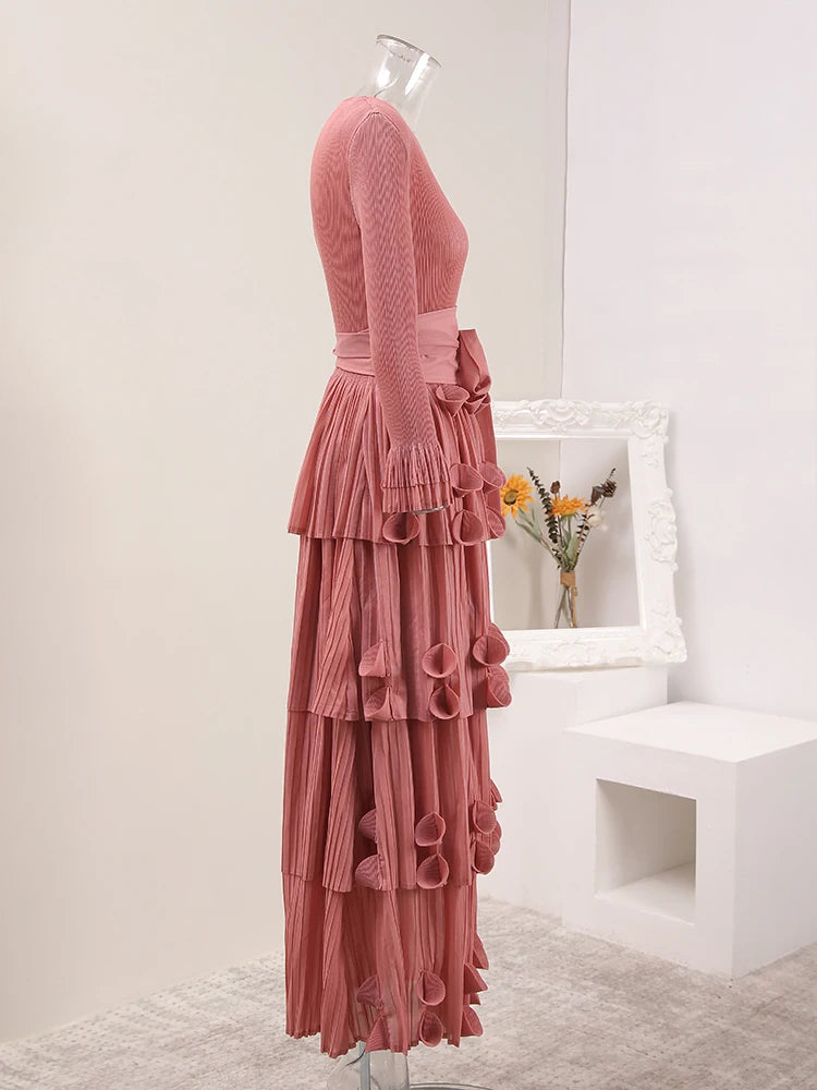 LANMREM Pleated Appliques Long Dresses For Women Round Collar Lace-up Full Sleeve Evening Party New 2025 Lady Dress 32S1173
