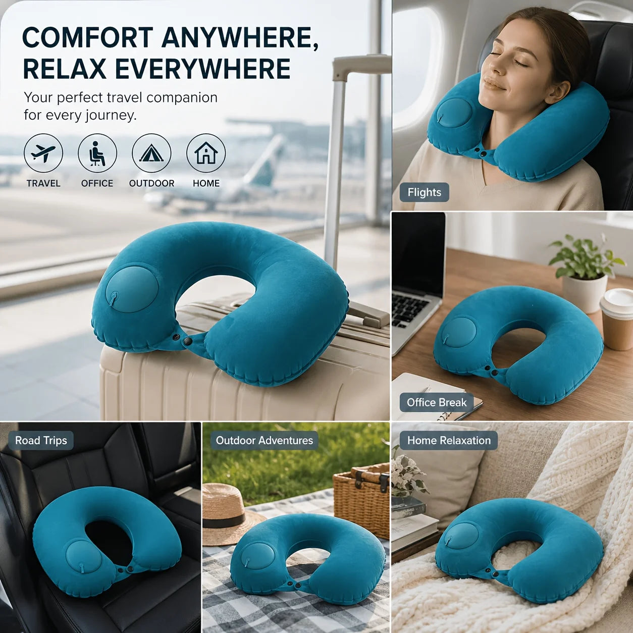 SPDJUMPER Inflatable Travel Neck Pillow, U-Shaped Portable Pillow with Storage Bag for Airplane, Car, Office & Home