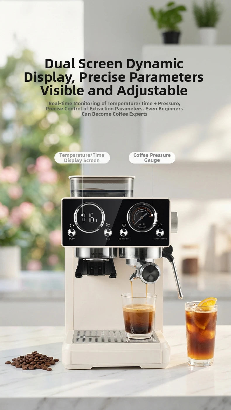 20Bar Semi-Auto Espresso Machine Smart Touch Control with Built-in Grinder, Cold/Hot Brew, Milk Frother for Home/Office
