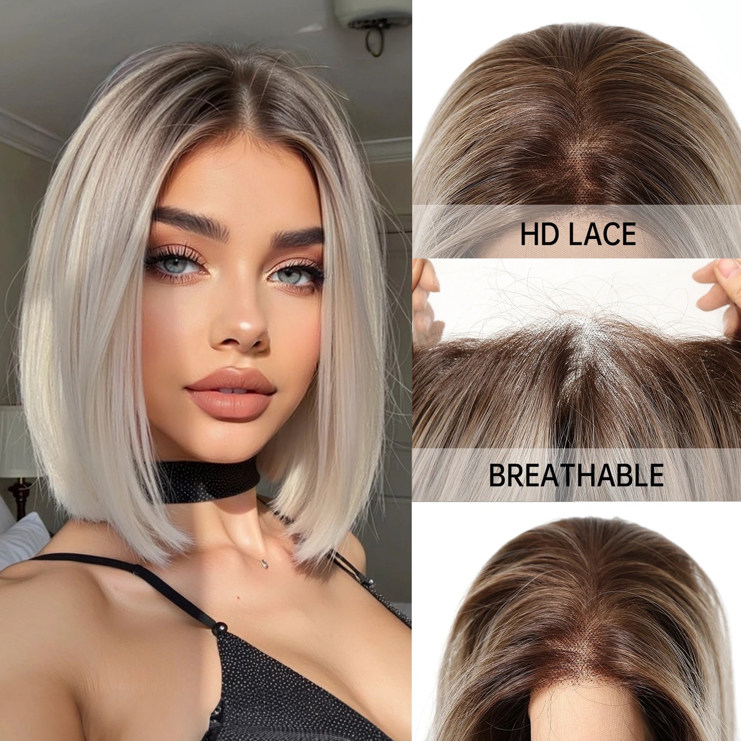 Topshe Short Bob 13x6 HD Lace Front Wig Ombre Blonde Straight Synthetic Wigs Glueless Pre-Plucked Heat Resistant Fiber Daily