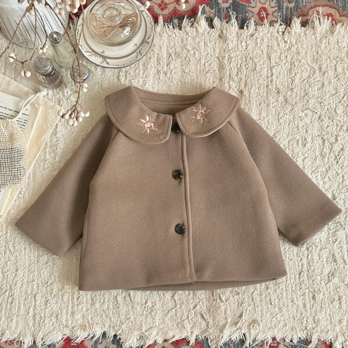 2026 Autumn Winter Baby Woolen Fabric Outerwear Sun Embroidery Collar Warm Coat for Infant Toddler Daily Jacket