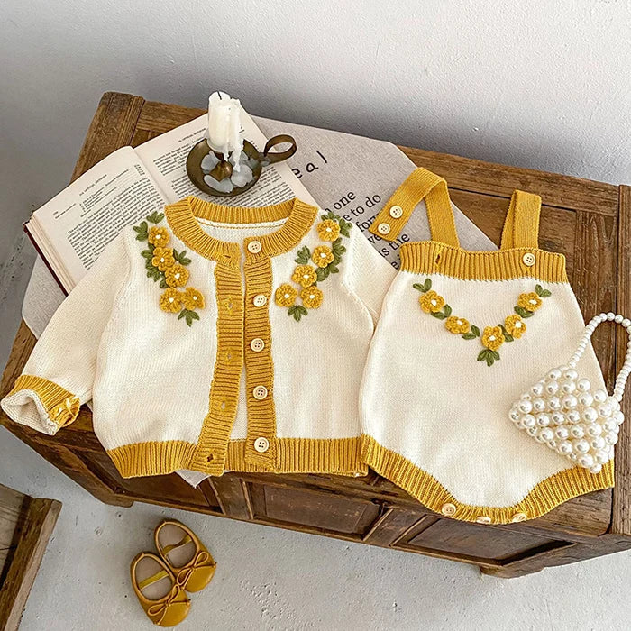 Autumn Winter Newborn Baby Girls Knitting Clothing Set Floral Embroidery Cardigan+Jumpsuit Infant Baby Knitted Clothes Suit