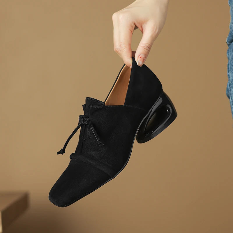 2025 New Women Pumps Sheep Suede Leather Shoes for Square Toe Low Heel Shoes Casual Lace-up Handmade Shoes 34-42 Women Heels