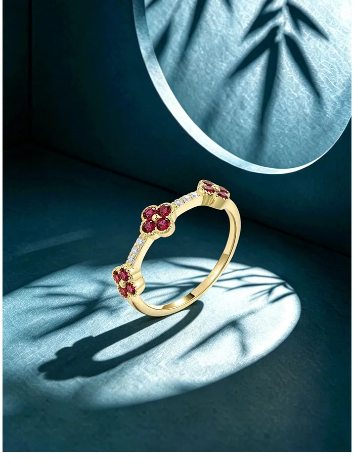 SANTUZZA 925 Sterling Silver Stackable Ring For Women Created Ruby Sapphire White CZ Delicate Flowers Wedding Gifts Fine Jewelry