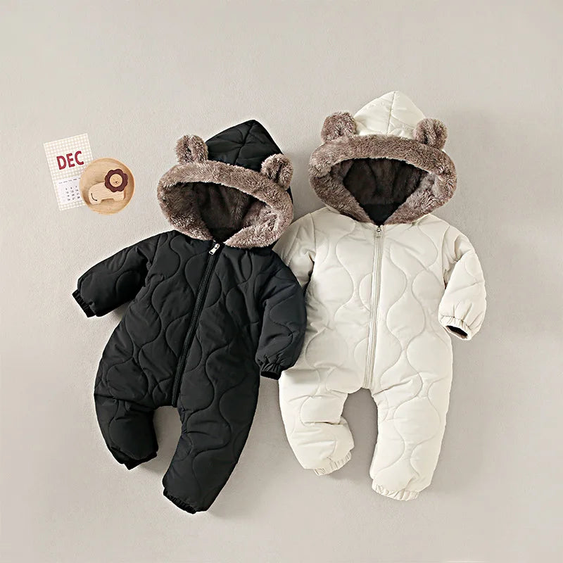 2025 Winter New Baby Boys Girls Bodysuit Solid Color Plus Velvet Thick Jumpsuits For 6M-3Y Kids Warm Hooded Rompers Snowsuit