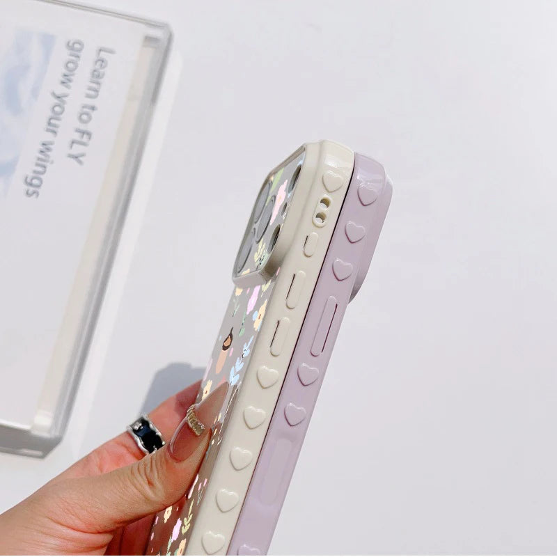 Spring Pastel Floral Shockproof Phone Case For iPhone 17 Pro 16 Plus 15 Pro 14 13 12 11 Pro Max Heart Side Cute Girly Back Cover