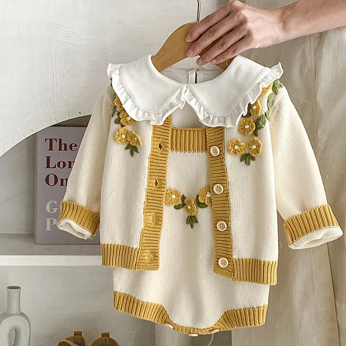 Autumn Winter Newborn Baby Girls Knitting Clothing Set Floral Embroidery Cardigan+Jumpsuit Infant Baby Knitted Clothes Suit