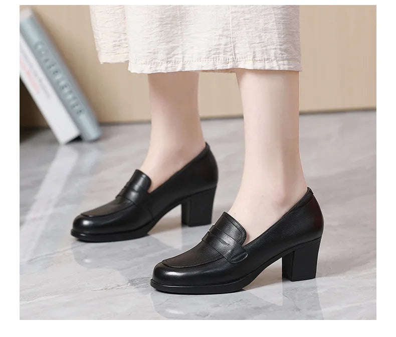 GKTINOO Pumps Women Genuine Cow Leather Round Toe Slip-On Loafers Med Heel Lady Shoes Handmade Women's Work Shoes