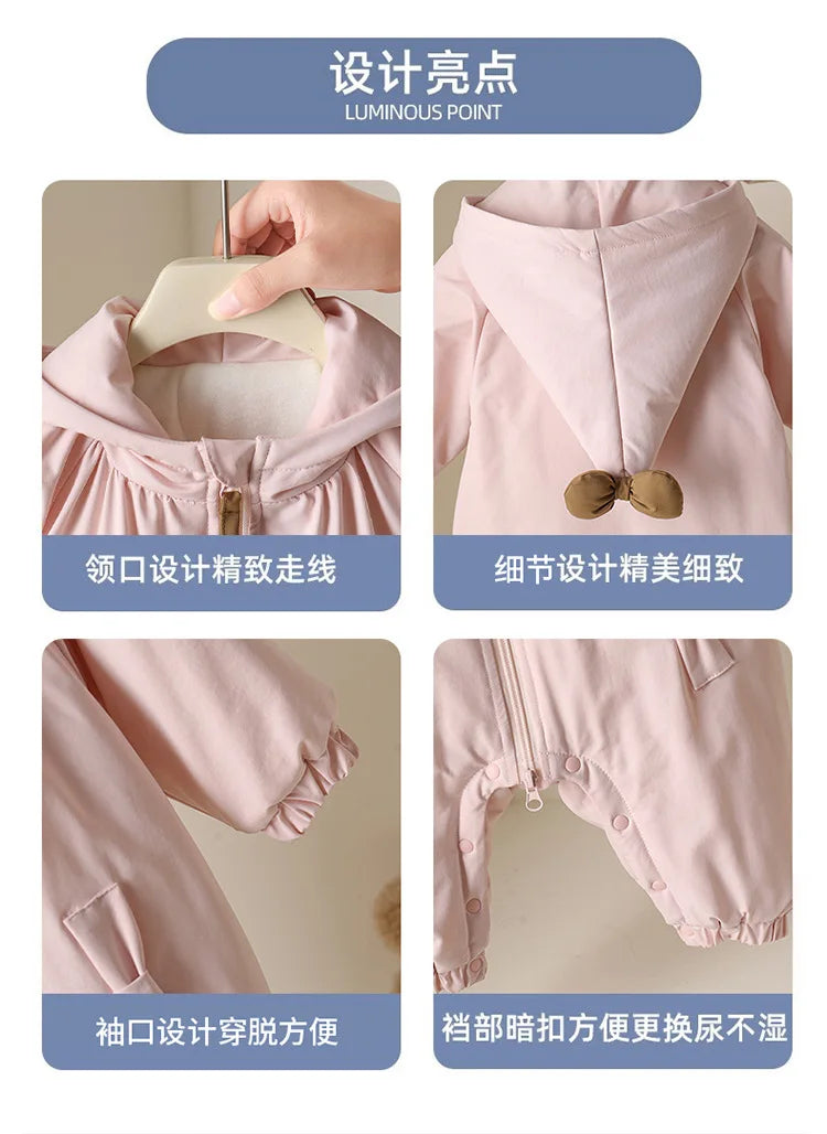Winter Rompers Baby Girls Clothes Korean Fashion Pink Cute Hooded Bow Warm Thicker Jumpsuit Infant Costume Newborn Items B383