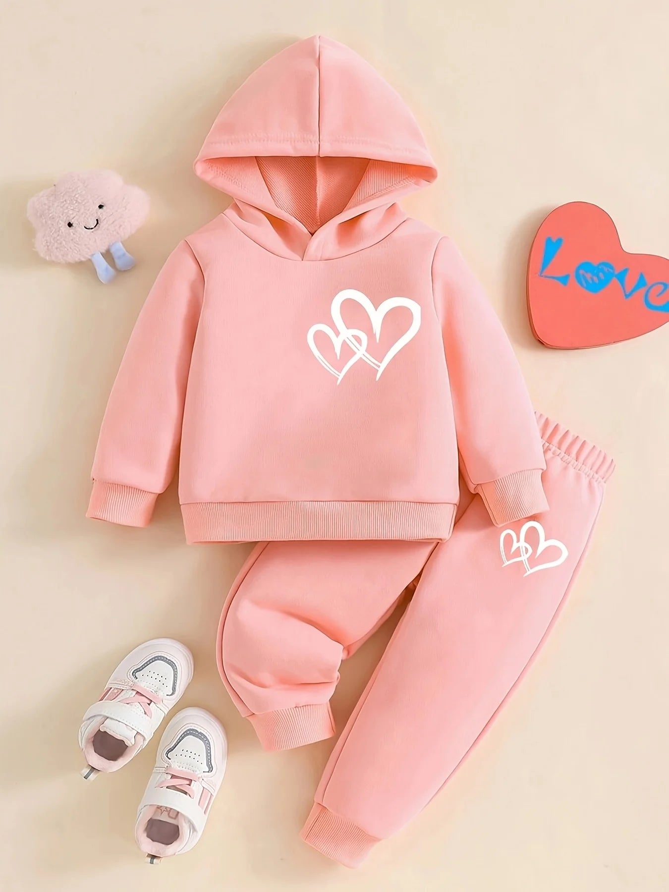 Girls' Toddler/Kid Autumn & Winter 2-Piece Set: Hooded Fleece Sweatshirt with Heart Pattern + Casual Athletic Pants