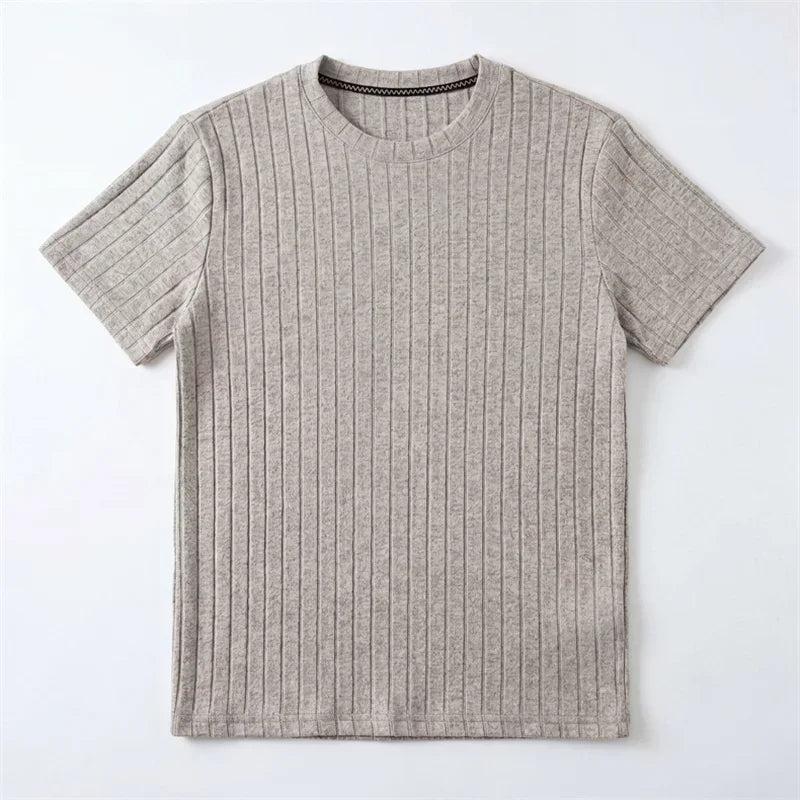 Men's Minimalist Crew Neck Ribbed T Shirt Comfortable Elastic Fabric Short Sleeve For Office And Casual Wear