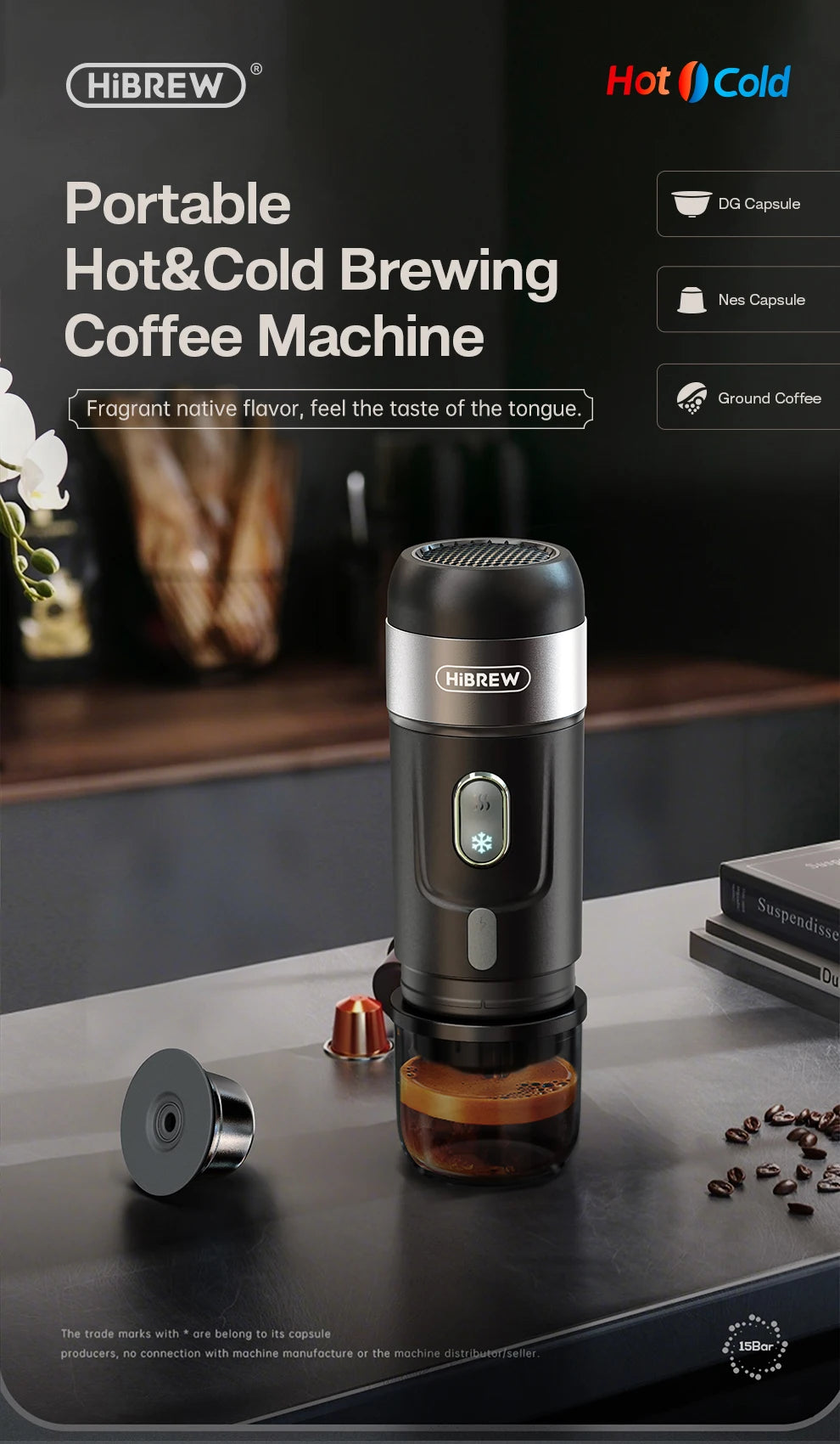 HiBREW Portable Coffee Machine Expresso Coffee Maker Fit Nexpresso Capsule Coffee Powder for Car Camping & Home Heat Water H4A