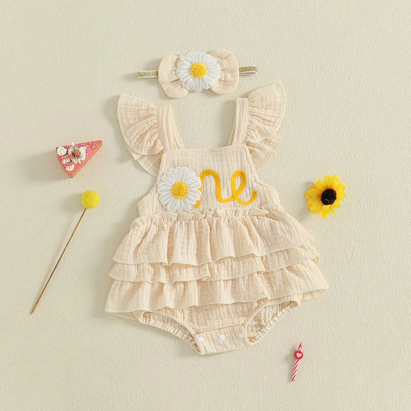Newborn Baby Girls 1st Birthday Romper Dress Summer Cute Daisy Letter Embroidery Fly Sleeves Ruffles Jumpsuit and Headband Set