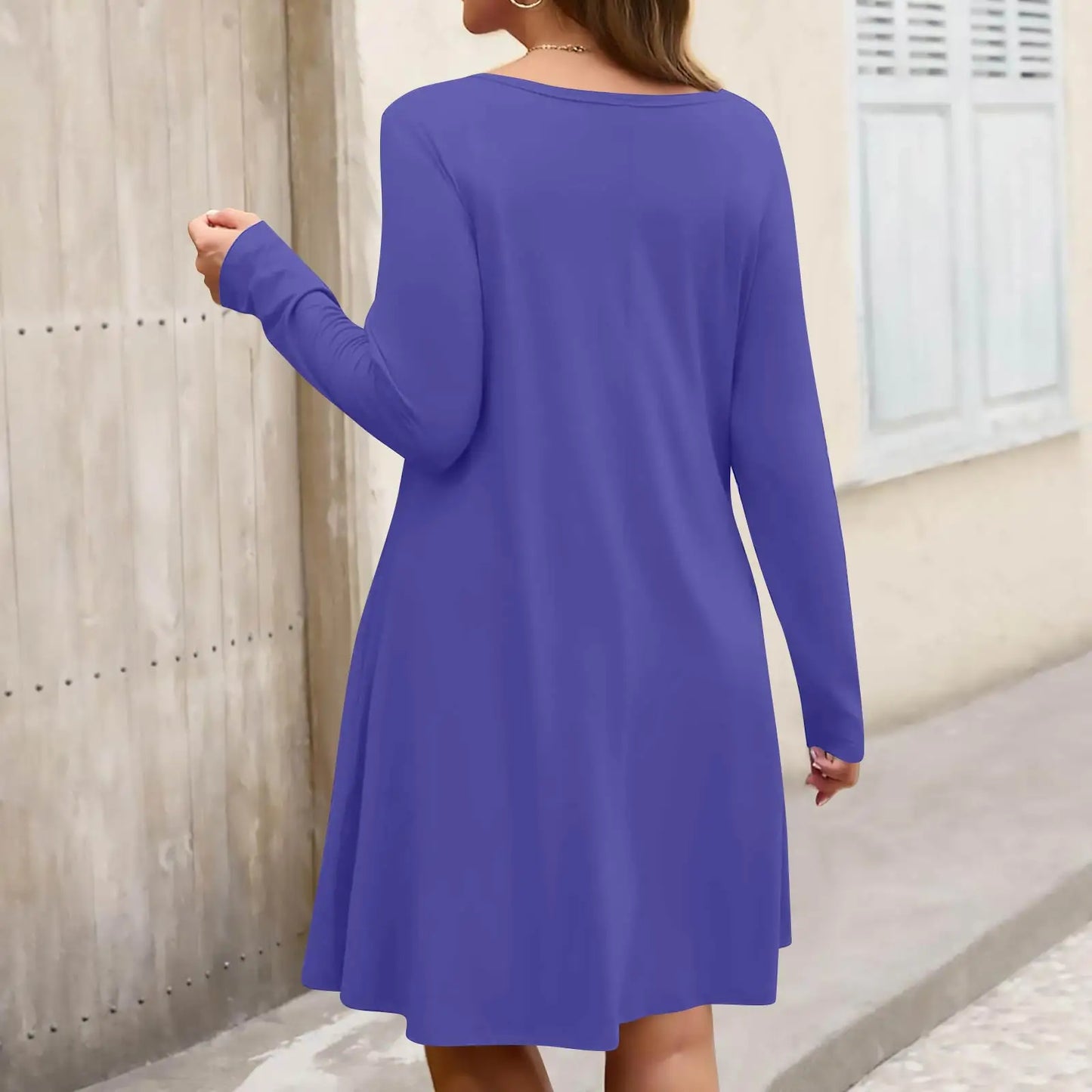 Plus Size Dress for Women Solid-Colour Casual Dress Spring/Autumn Pocket Round Neck Long-Sleeved Dresses vestidos femenino
