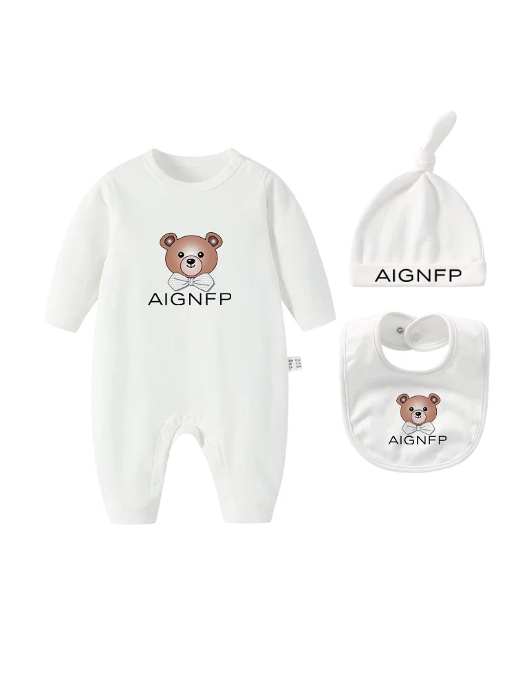 Cute Bear Jumpsuit Newborns Autumn Clothes 2025 Hot Sale New Soft Bib scarf Hat Toddler Romper Sets Baby Long sleeves Bodysuits