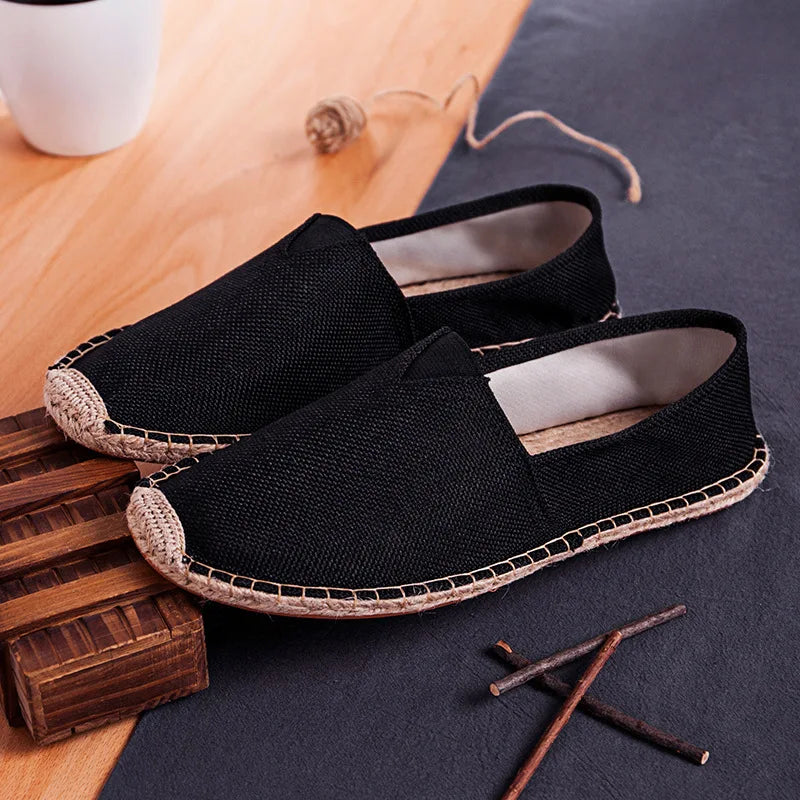Grass Woven Linen Men's and Women's Handmade Stitching Fishing Shoes with A Casual Flat Bottom Anti Slip Fabric Design Platform