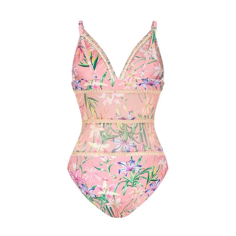 Women Swimwear Summer Floral Printed V-neck Swimsuit One-piece Bodysuit Bikini Set Beach Style Wear Maxi Dress Skirt Vacation