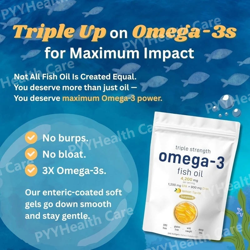 Triple Strength Omega 3 Fish Oil Supplements 4200mg Lemon Flavored, Burpless, EPA 1200mg DHA 900mg 240 Softgels