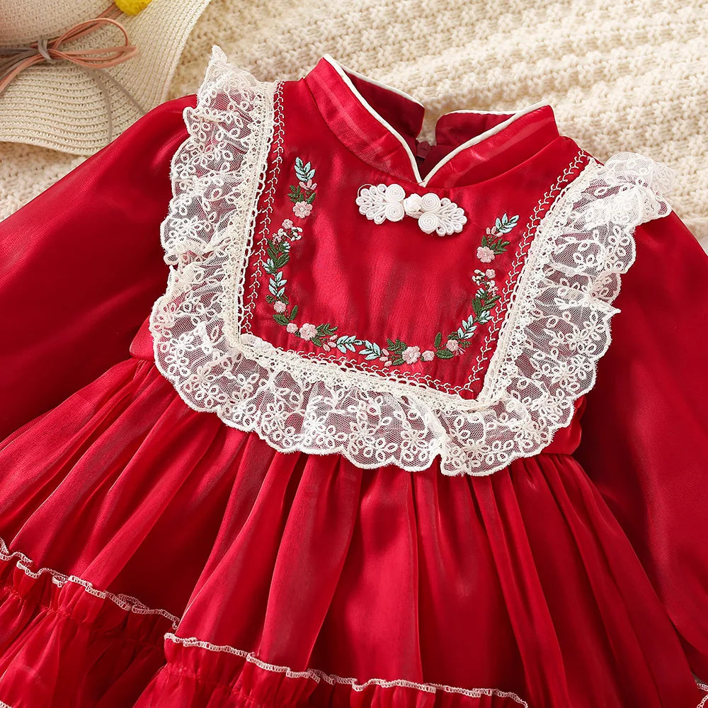 Girls' Dress Spring And Autumn Solid Color Flower Long Sleeved Baby Girl Dress Chinese Style One Year Old Baby Dress Baby Girl C