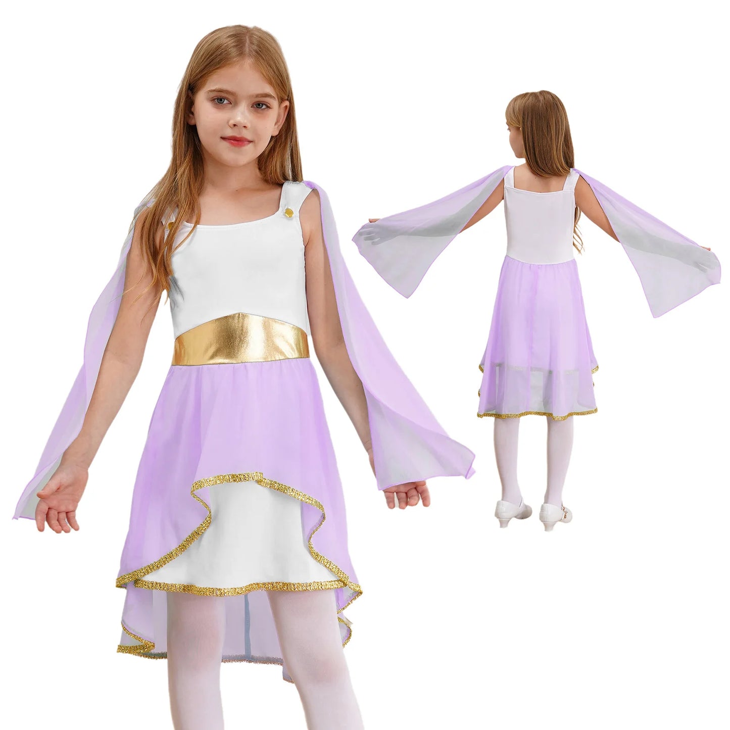 Halloween Virgin Mary Costume for Kids Girls Fancy Greek Princess Cosplay Long Sleeve Ruffle Dress with Chiffon Cape Theme Party