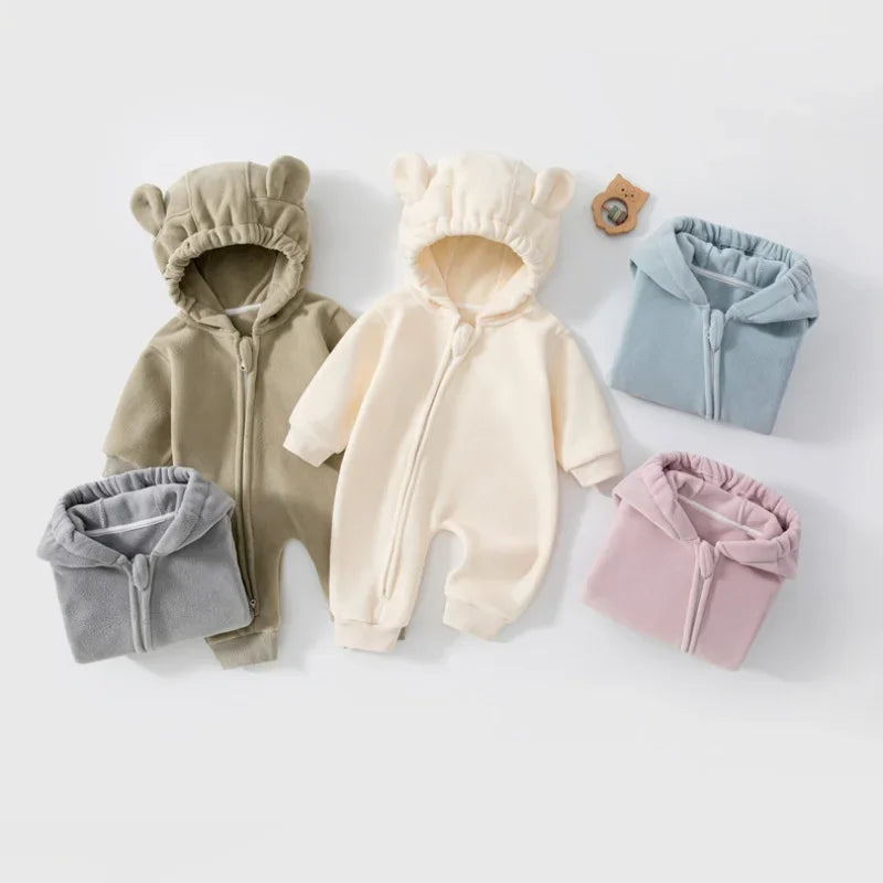 2026 Autumn Casual Baby Bodysuit Cute Bear Ear Long Sleeve Hooded Jumpsuit for 6M-3T Boys Girls Soft Warm Infant Romper