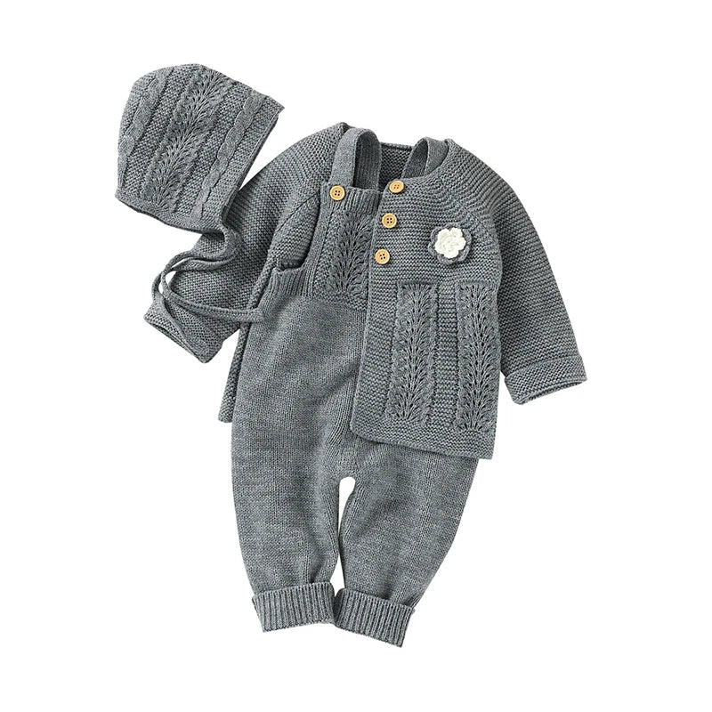 Baby Romper Set Knit Autumn Newborn Girl Boy Long Sleeve Coat Jumpsuit Outfit Hat 3PC Fashion Solid Infant Clothing Suit Sweater