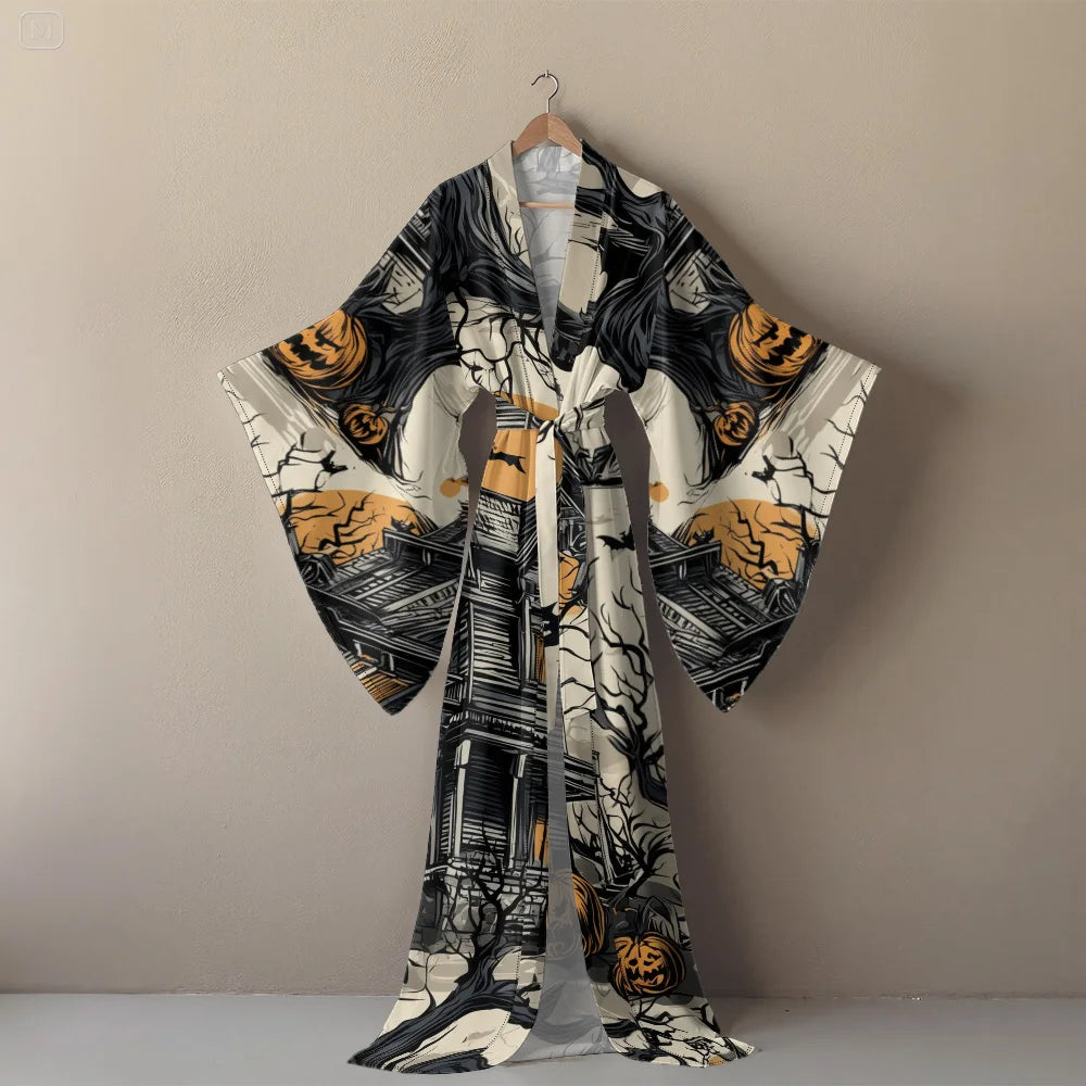 Halloween Cosplay Women's Sexy V-Neck Robe with Abstract Ghost Print - Long Sleeve Party Costume Unique Vampire Witch Long Robe