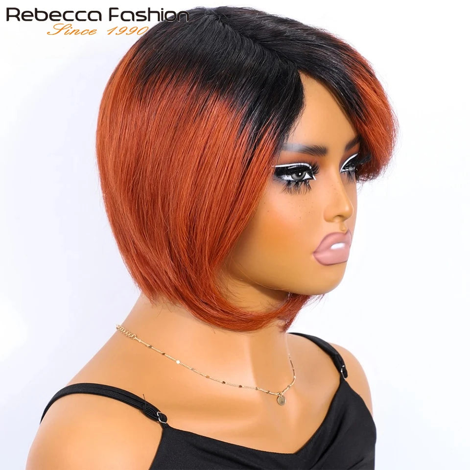 Short Straight Bob Human Hair Wigs With Bangs Full Machine Made Side Part Bob Human Hair Wigs For Women Beginner Friendly