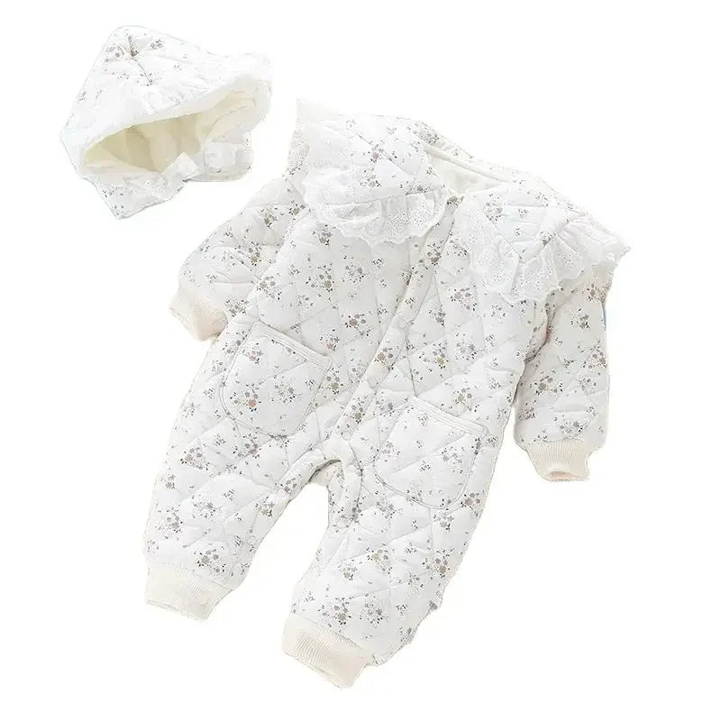 2024 Fall & Winter Baby Clothes 0-2 Y Sweet Toddler Girls Floral Fur Lining Rompers Infant Newborn Warm Jumpsuit with Hat