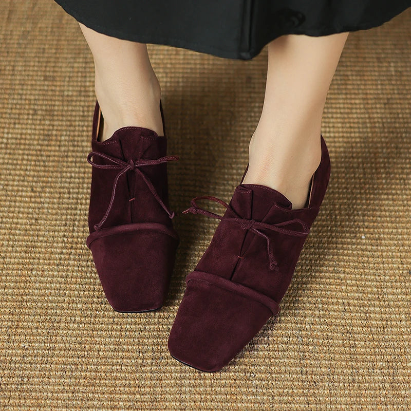 2025 New Women Pumps Sheep Suede Leather Shoes for Square Toe Low Heel Shoes Casual Lace-up Handmade Shoes 34-42 Women Heels