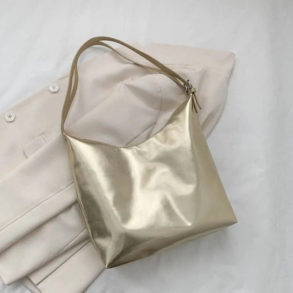 PU Top-Handle Handbag Luxury Designer Bag for Women Fashion Shopping Bag High Capacity Silver Gold Casual Leather Tote Bag