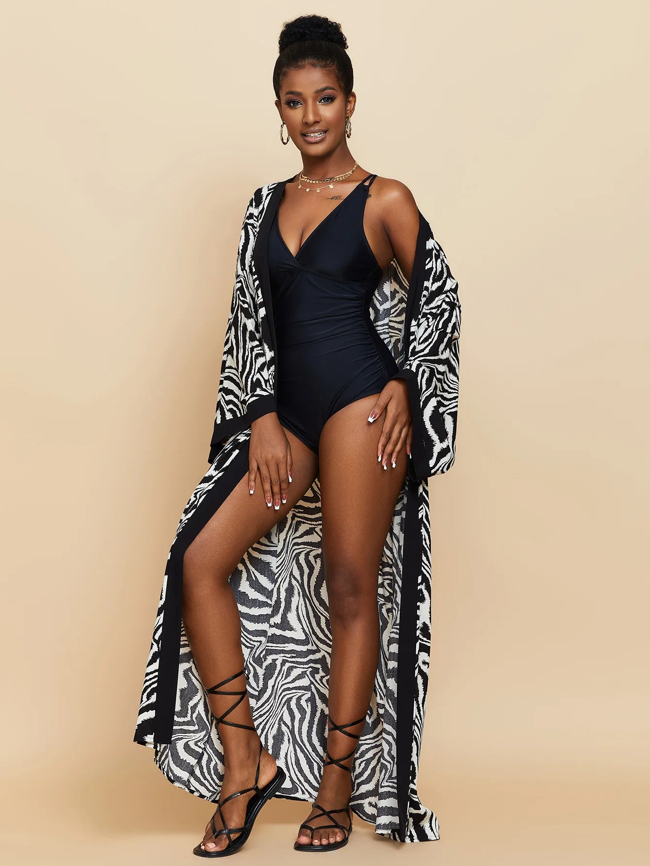 Zebra Beach Cover Ups for Women Long Sleeve Kimono Dress Self Belted Rayon Elegant Pareo 2023 Bathing Suits Holiday Beachwear