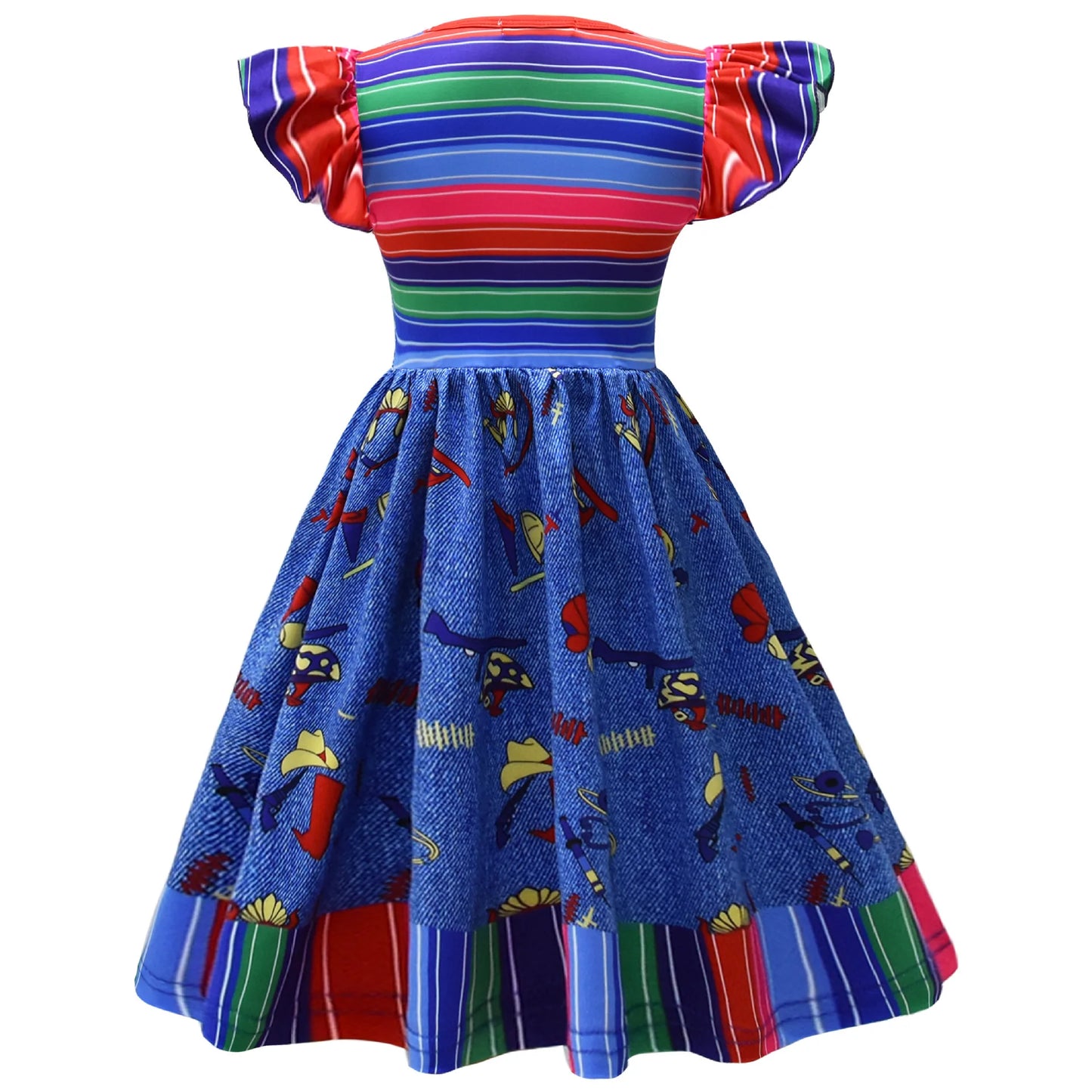 Horror Killer Movie Ghost Doll Disguise Costume Girls Printed Dress+Sticker Headwear For Children Halloween Party Outfit Sets