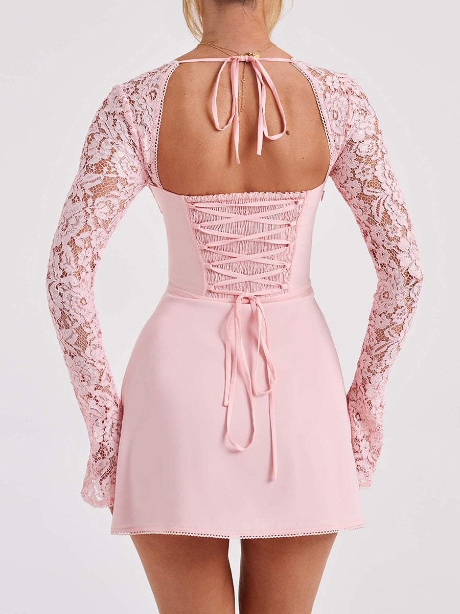 Meihuida Fairycore Women Mini Dress, Long Sleeve Backless Low-cut Tie-up Lace Patchwork Cocktail Dress A-line Dress