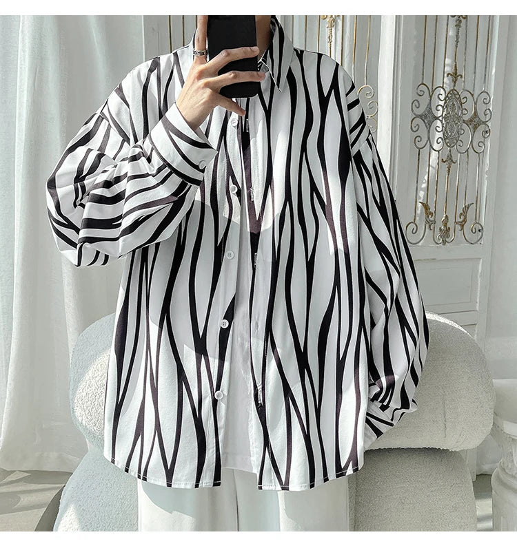 Men's Long Sleeve Striped Shirts Spring New Korean Button Up Shirt Unisex Fashion Casual Oversize Blouse Printed Clothing