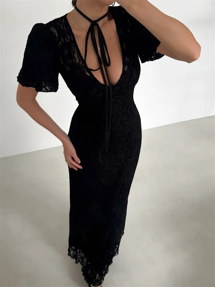 Tossy Fashion Lace Hollow Out Long Dress Women's V-Neck High Waist Sexy See-Through Printed Summer Dress Female Bodycon Dress