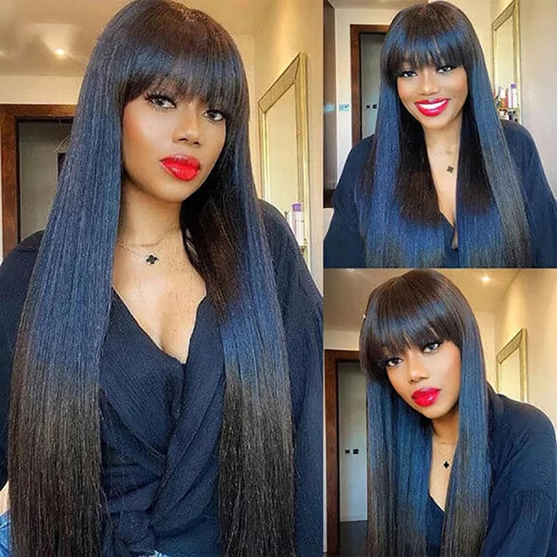 Long Straight Wigs With Bangs Human Hair Fringe 360 Full Lace Front Wig Brazilian Raw Vietnamese Hair Gluless HD Frontal Wigs