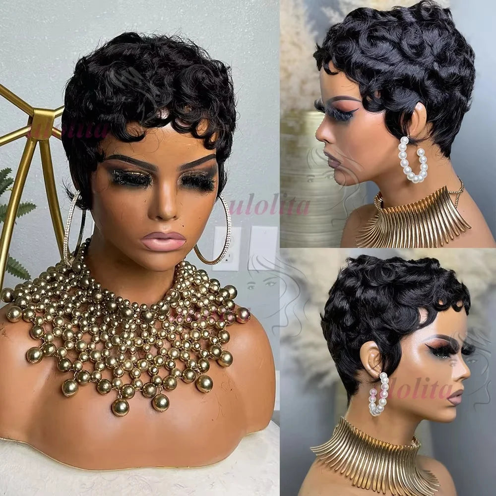 Short Deep Wave Pixie Cut Human Hair Wig Brazilian Remy Wig 180 Density Easy Daily Wear for Black Women