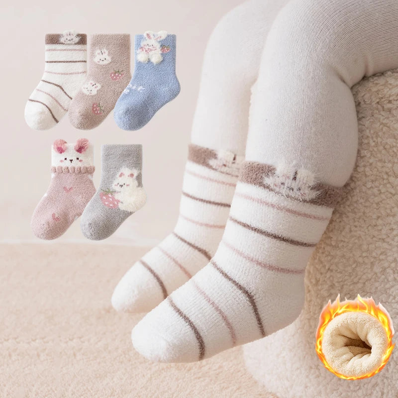 3/5 Pairs Cute Cartoon Newborn Girls Socks Winter Warm Mid Calf Toddler Socks Soft Thickened Socks for Infant Toddler Girls