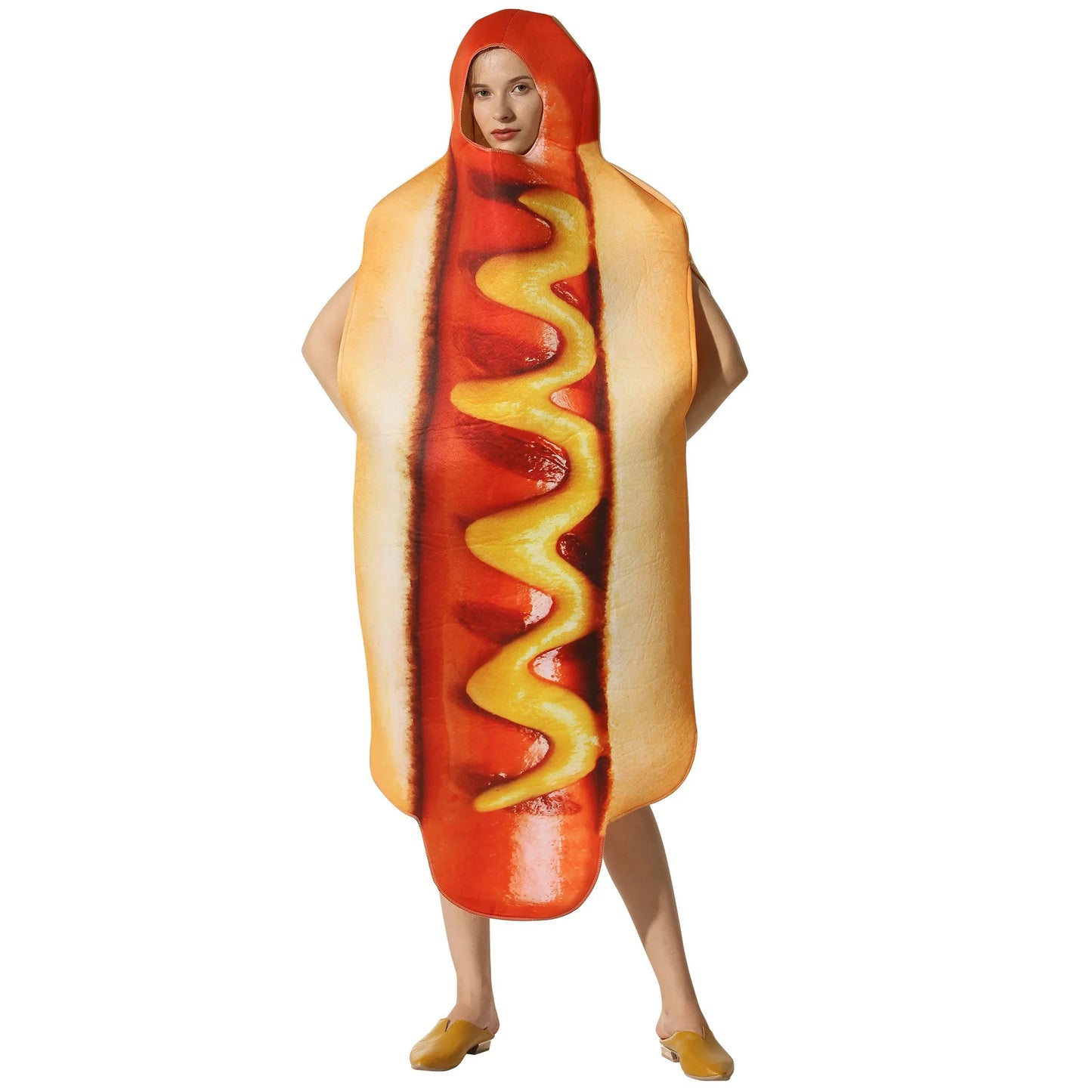 Halloween party costume, hot dog cosplay attire, stage performance outfit, one-piece dress, performance outfit