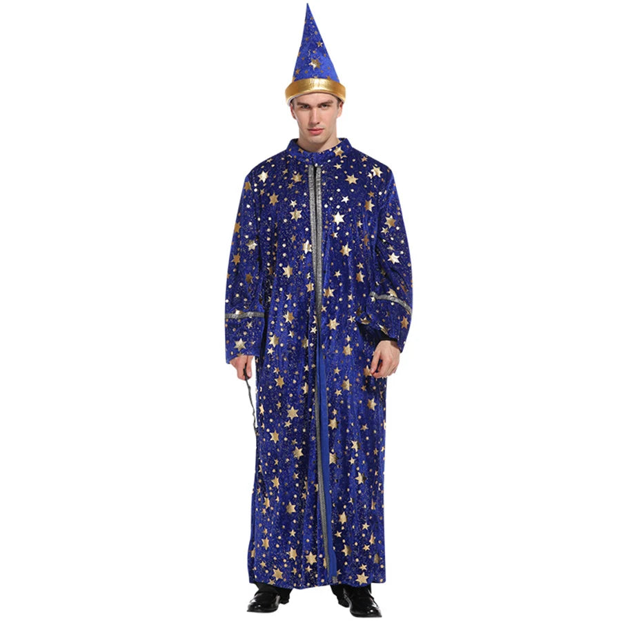Halloween Wizard Set Includes Hat, Robe, Cloak, Magician Costume, Unisex Cloak, Vampire Costume, Blue Star and Moon Magic Magici