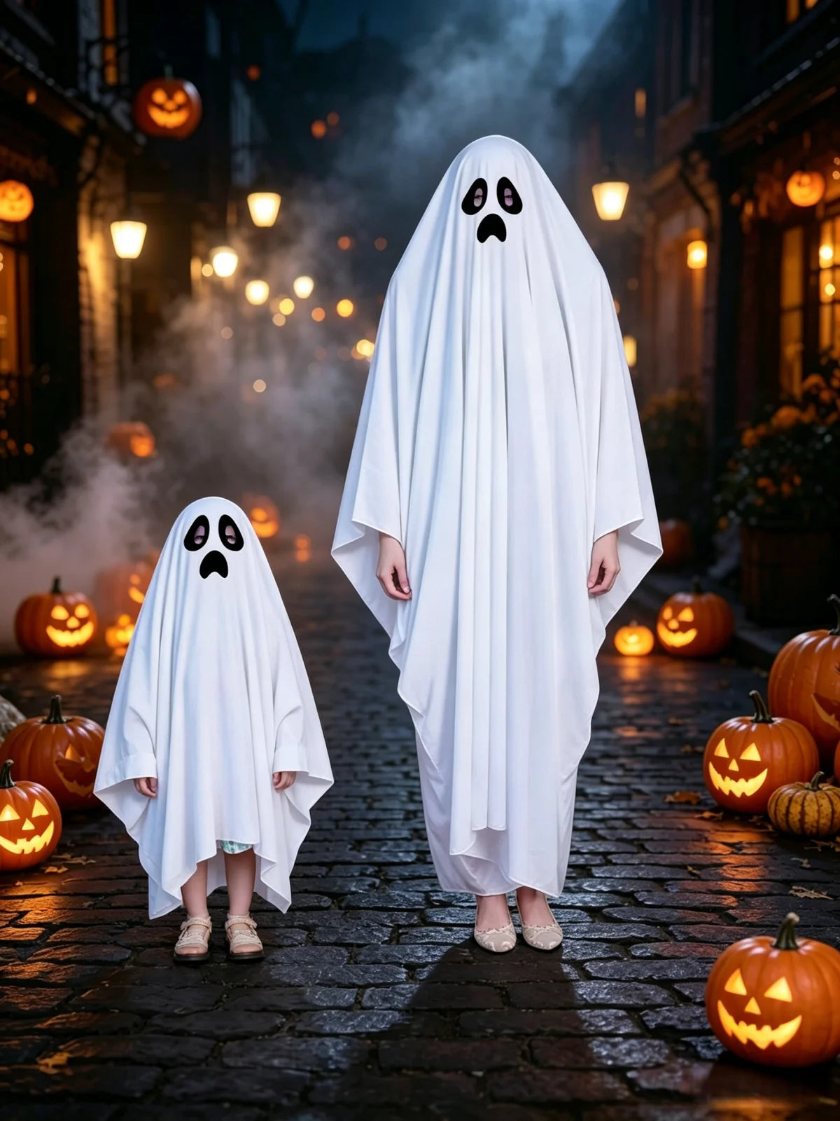 Halloween Kids Adults Funny Costume Cape Sad Face White Ghost Poncho for Boys Girls Family Matching Outfits