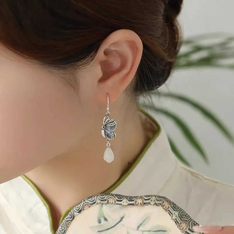 silver 925 Light luxury Butterfly earrings for women Natural Hetian Jade Orchid Earring Vintage Ethnic Style Wedding Jewelry