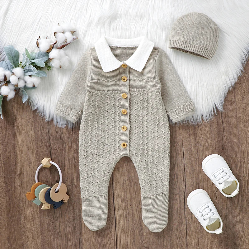 Baby Rompers Set Knit Infant Children Clothes Hat 0-9M Fashion Solid Newborn Girls Jumpsuit Long Sleeve Overalls Pantyhose 2pcs