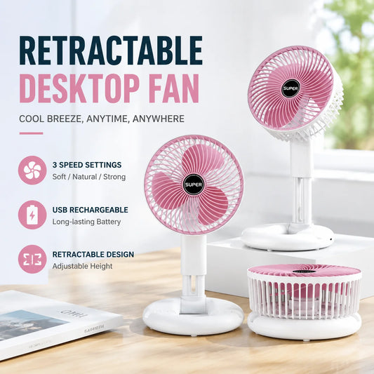 3-in-1 Telescopic Cool Fan USB Charing Folding Desktop Circulator 3-Speed No-Drill Wall Mount Electric Fan for Dorm Home Office