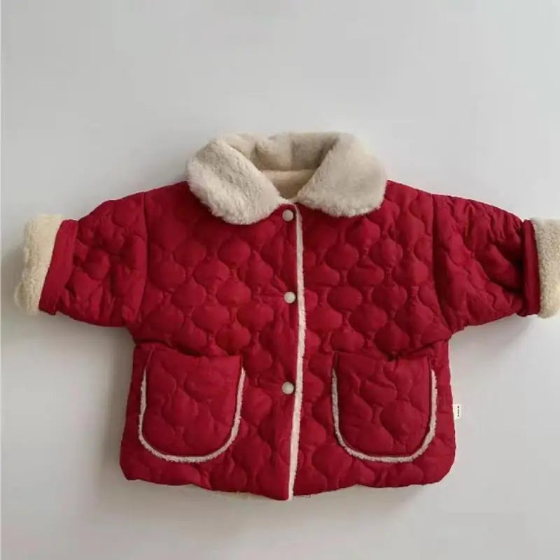 Autumn Winter Ins Children Plus Velvet Thicken Cotton Coat Girl Baby Fashion Solid Lapel Tops Kid Boy Fleece Warm Casual Jacket