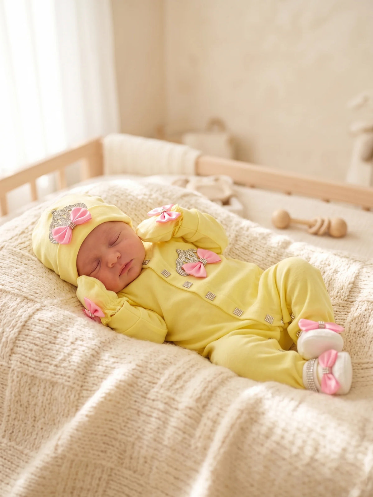 Adorable Newborn Baby Girl Princess Yellow Crown Bow Footed Romper 3Pcs Set Baby Shower Birthday Photo Outfit Gift Box