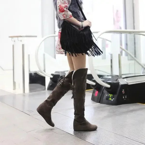 Sexy Womens Boots Faux Suede Over The Knee Flat Warm Boots Comfortable Thigh High Boots Lace-up Woman Winter Shoes High Quality