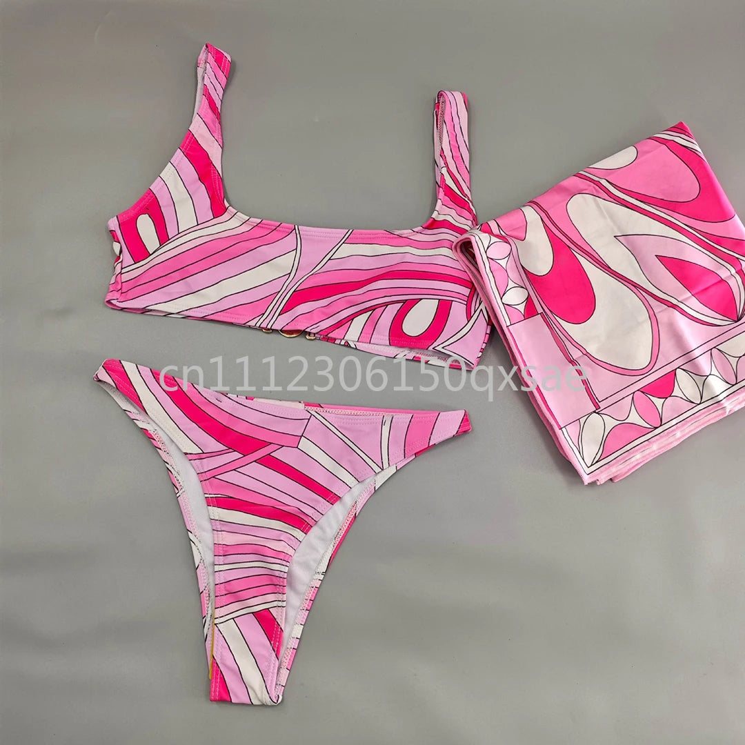 Women's Pink Headband Scarf Swimsuits with Letter Signature Logo Lady Headband Scarf Bikini Sets Beachwear Swimwear