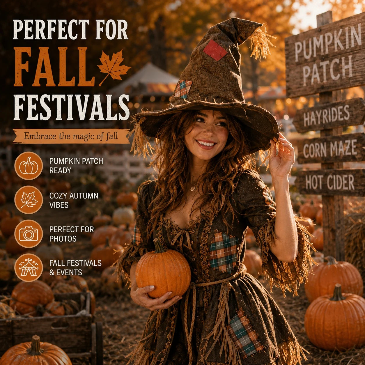 Halloween Witch Hat for Women, Pumpkin Patch Costume Accessory for Fall Festival